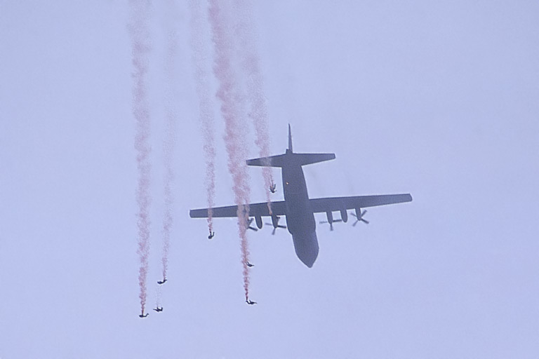 RAF Falcons Parachute Display Team, jumping from their C-130 Hercules